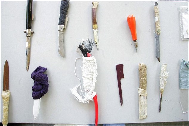 Selection of edged weapons to be found within prison facilities.