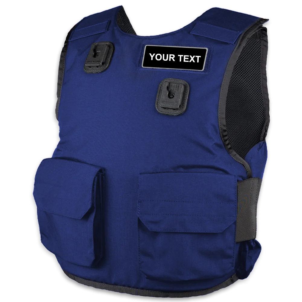 Blue overt stab vest for prison officers and custodial teams with custom badge